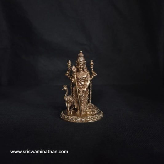 Alt: Murugan Panchaloha Statue 4 Inch front view — Prasanna Murugan with Peacock Vahana, handcrafted in Kumbakonam by Sri Swaminathan & Co