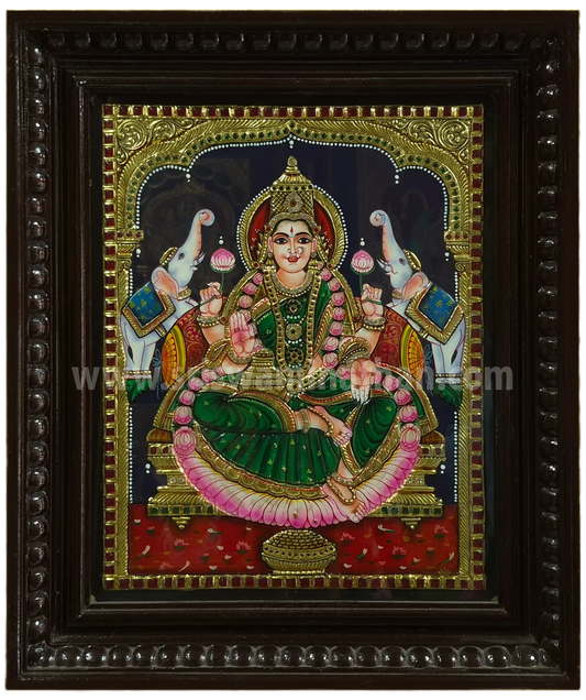 Gajalakshmi Tanjore Painting | Green Saree | 22K Gold Foil | Royal Elephants | 15 x 12 Inch | Sri Swaminathan & Co