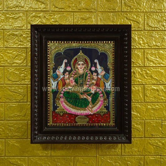Gajalakshmi Tanjore Painting | Green Saree | 22K Gold Foil | Framed on Wall | 15 x 12 Inch | Sri Swaminathan & Co