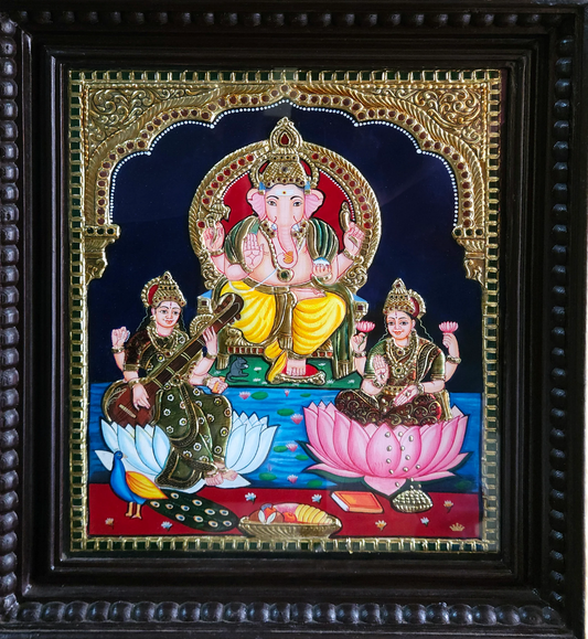 Ganesha Lakshmi Saraswathi Tanjore Painting | 22K Gold Foil | Divine Trinity | 15 x 12 Inch | Sri Swaminathan & Co