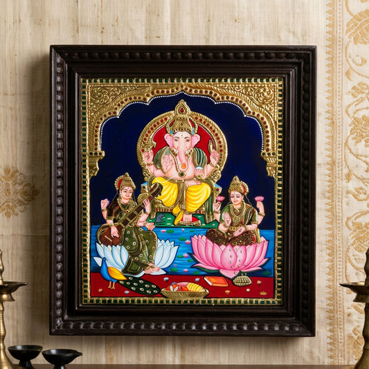Ganesha Lakshmi Saraswathi Tanjore Painting | 22K Gold Foil | Lifestyle Display | 15 x 12 Inch | Sri Swaminathan & Co