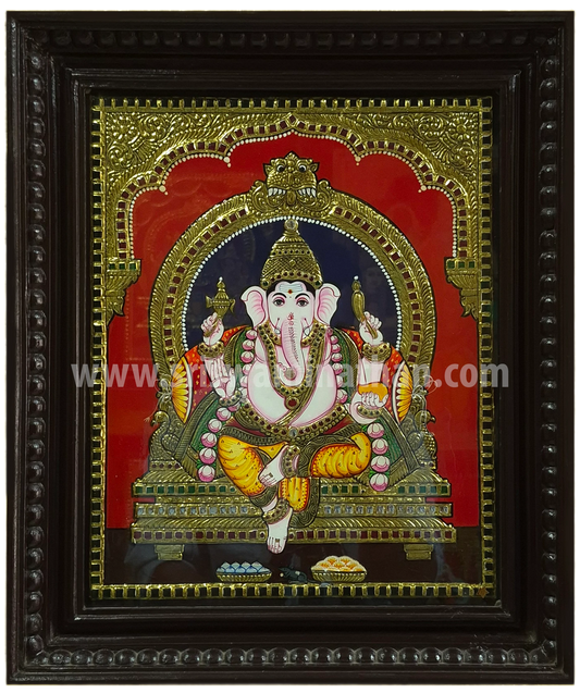 Ganesha Tanjore Painting | Lord Ganesha on Throne | Classical Tanjore Art | 15 x 12 Inch | Sri Swaminathan & Co