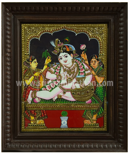 Gokula Krishna Tanjore Painting | Bala Krishna with Gopis | Classical Tanjore Art | 15 x 12 Inch | Sri Swaminathan & Co