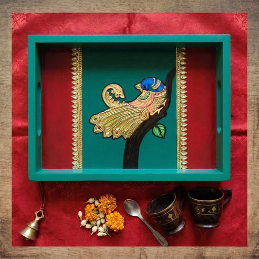 Peacock Tanjore Art Serving Tray | Synthetic Foil | Lifestyle with Brass Cups | Sri Swaminathan & Co