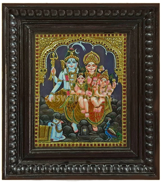 Shiva Parvati Family Tanjore Painting | 22K Gold Foil | Shiva Parivaar on Kailash | 12 x 10 Inch | Sri Swaminathan & Co