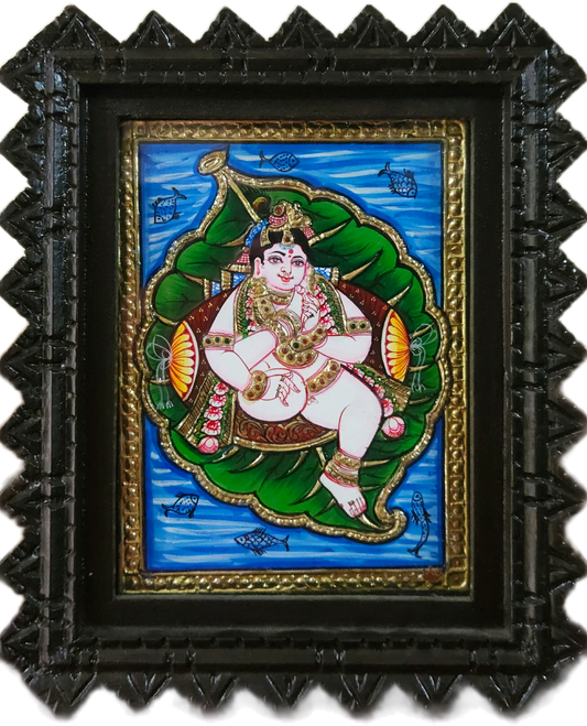 Baby Krishna on Lotus Leaf Floating On Water Classical Tanjore Art 8 x 6 Inch Sri Swaminathan & Co
